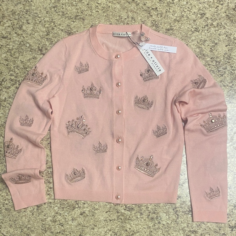 Alice + Olivia Blush Crown Embellished Cardigan